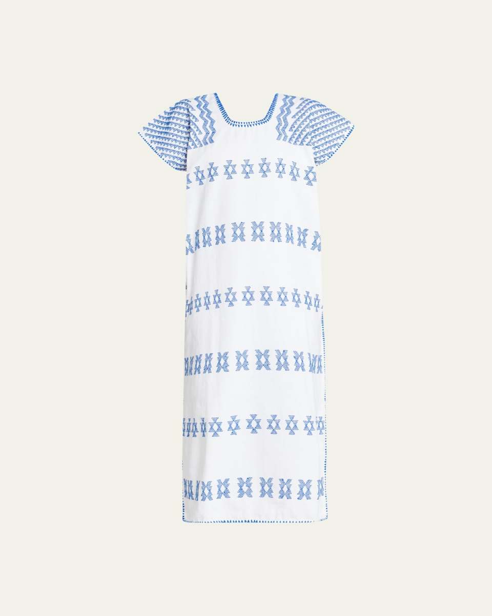 Single-Panel White Midi Kaftan With Blue Embroidery